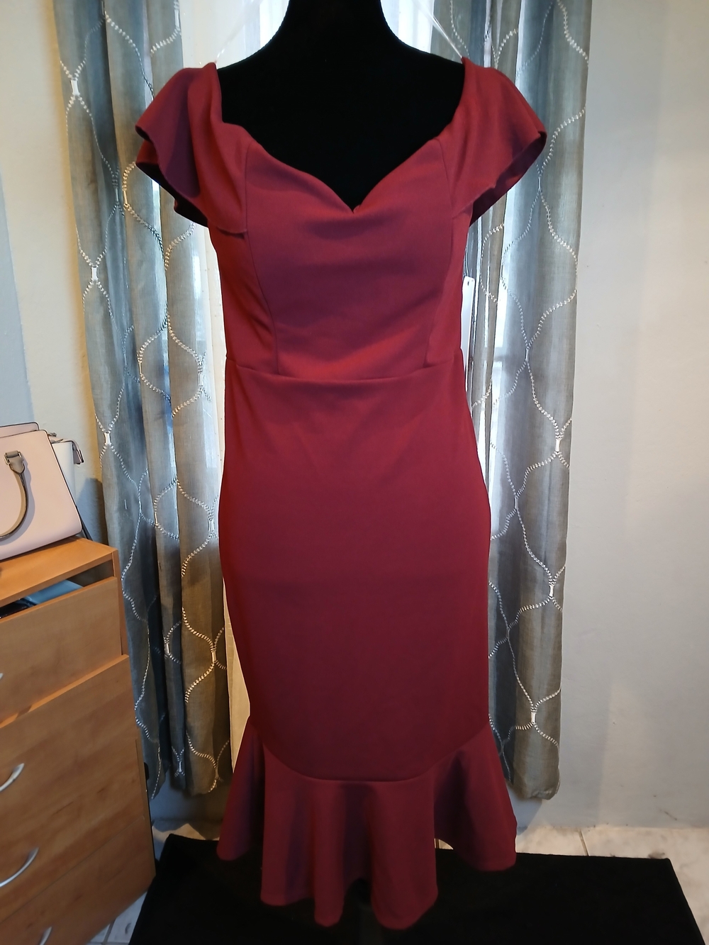 Burgundy Midi Dress with Flared Hem